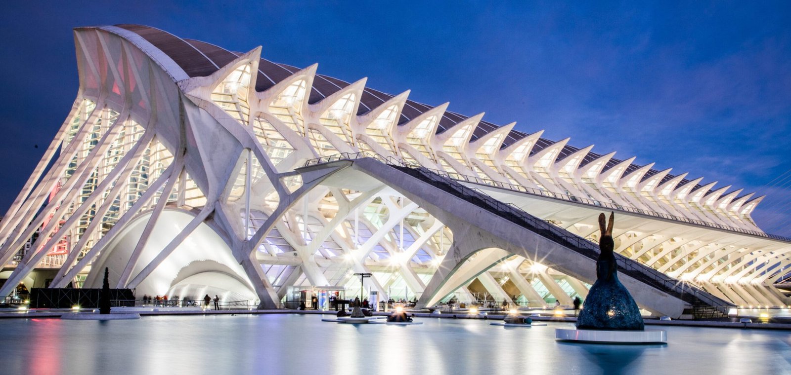 VALENCIA , SPAIN - DECEMBER 6, 2021: The city of the Arts and Sciences, Ciudad de las Artes y las Ciencias at sunset in Valencia, Spain.